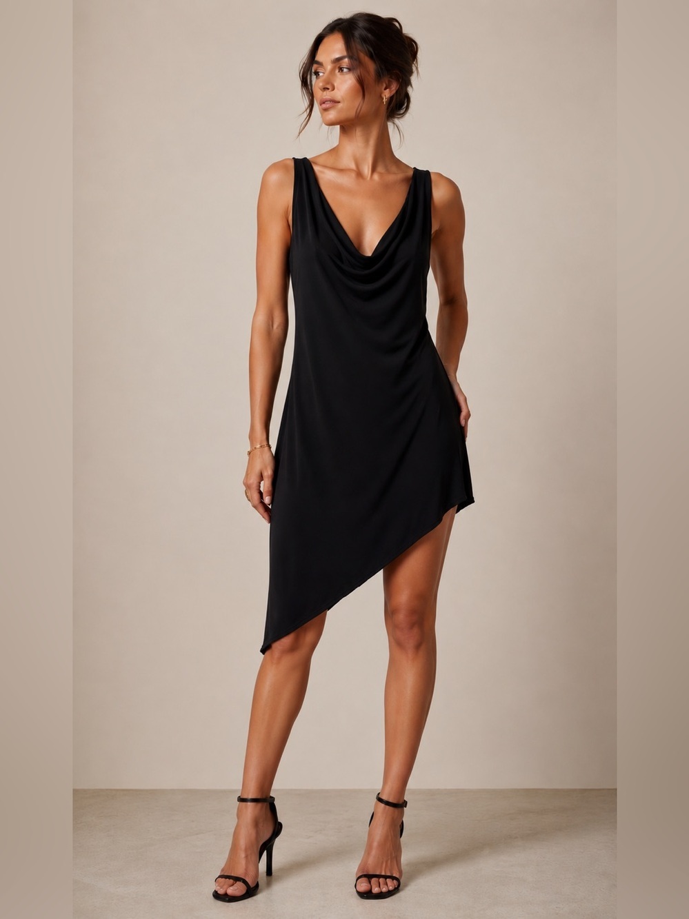 Pandora Black Asymmetrical Cowl Neck Sleeveless Dress small LBD - Picture 1 of 5